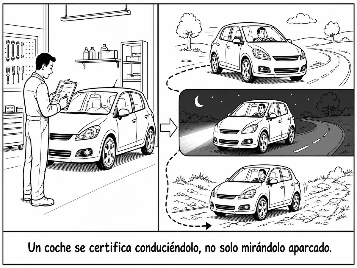 Un mecánico pasa una lista al coche aparcado y después el mismo vehículo se prueba en carretera, de noche y sobre firme irregular