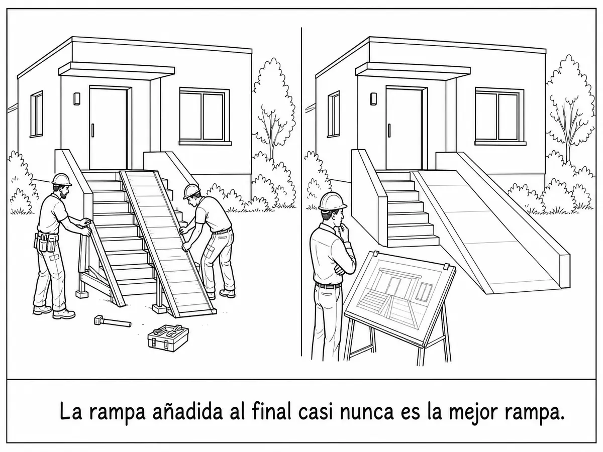 Dos casas comparan una rampa improvisada al final de la obra con otra integrada desde el plano junto a las escaleras