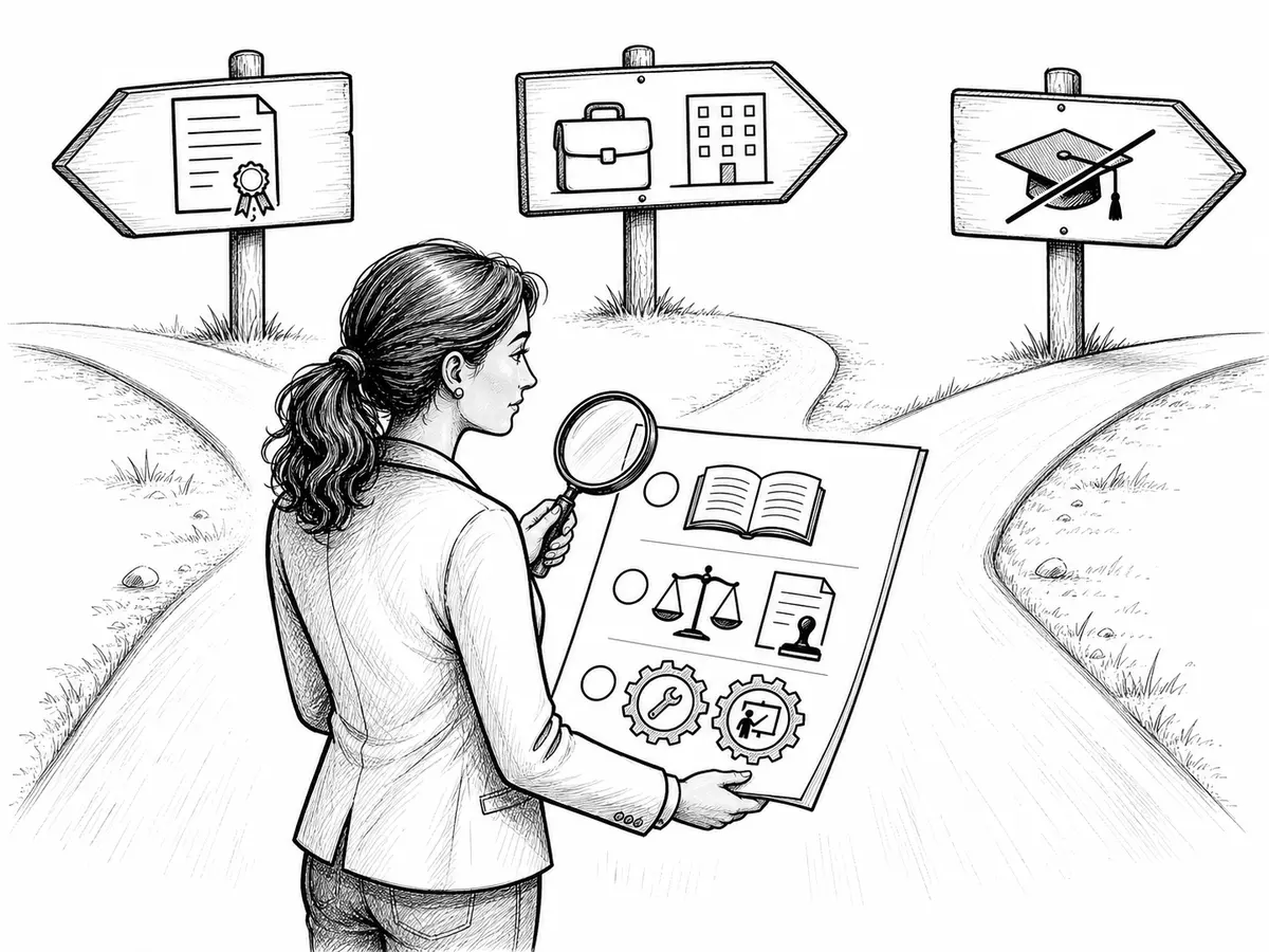 Una profesional compara tres rutas de acreditación después de comprobar el programa, la norma aplicable y las competencias técnica y docente exigidas