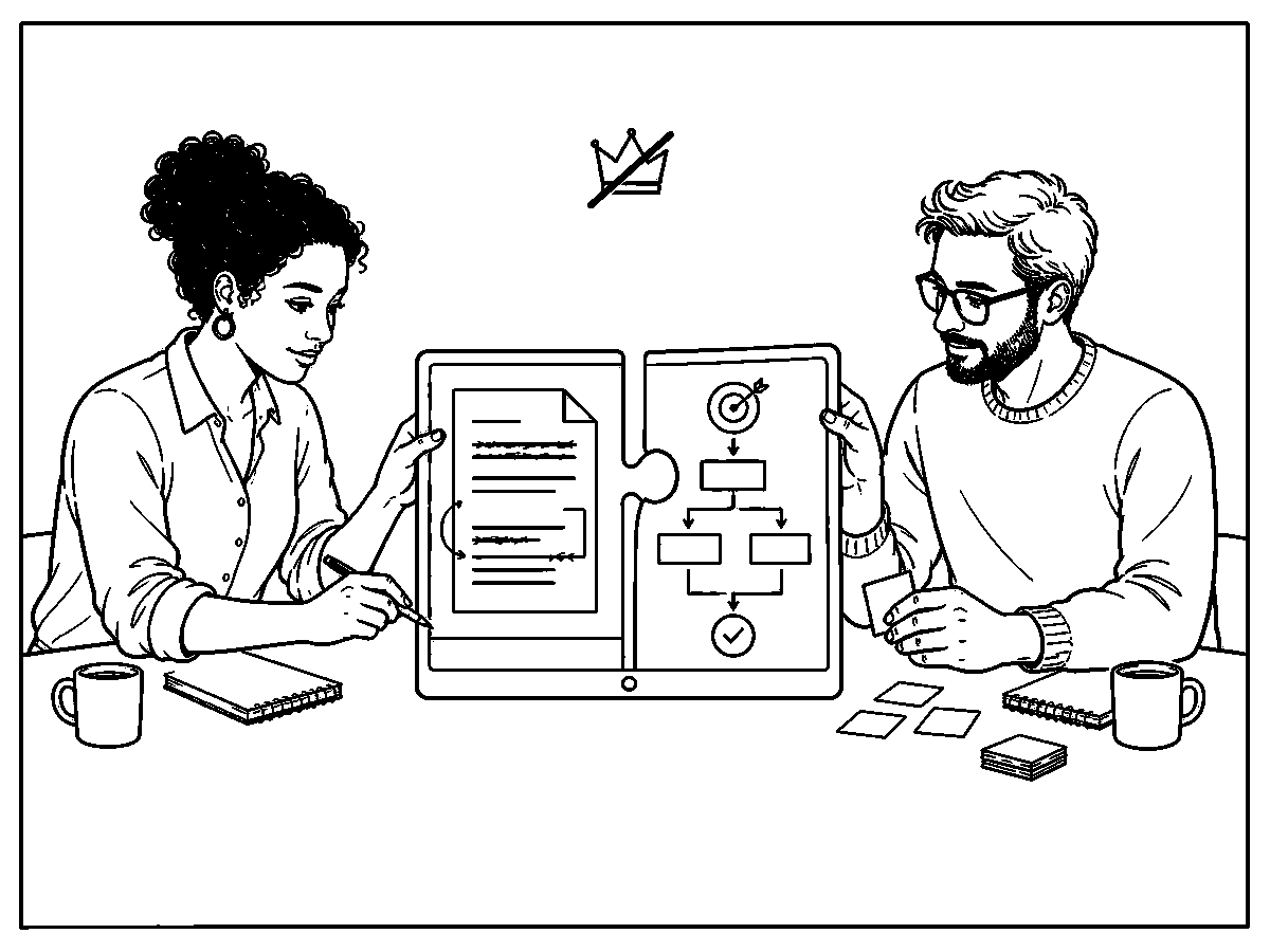 Una autora de contenidos y un diseñador instruccional unen como piezas de puzle un documento revisado y un esquema de aprendizaje para formar la pantalla de un curso