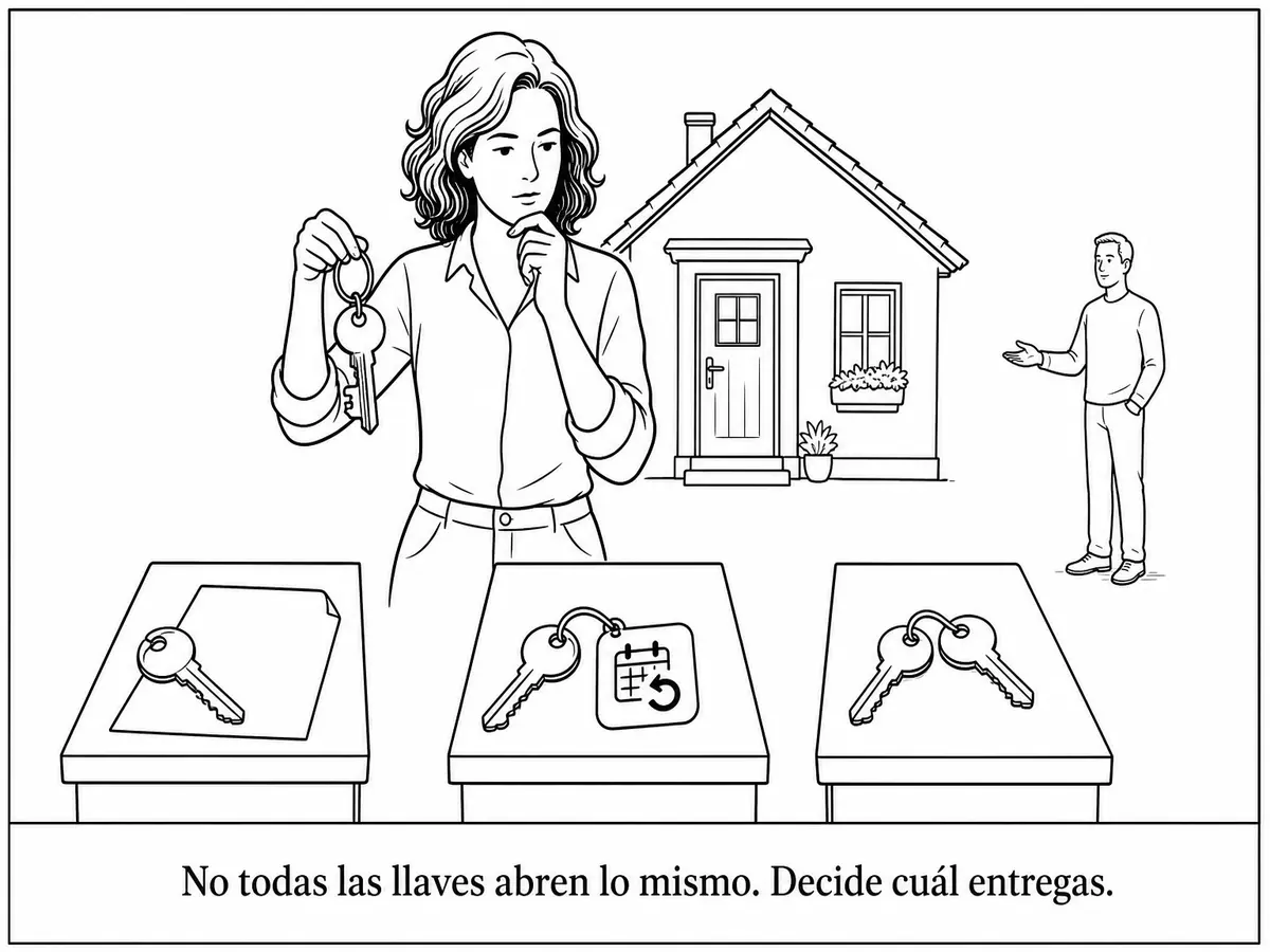 Una autora conserva el llavero de la casa que construyó mientras compara una escritura, una llave temporal y un duplicado antes de entregar
