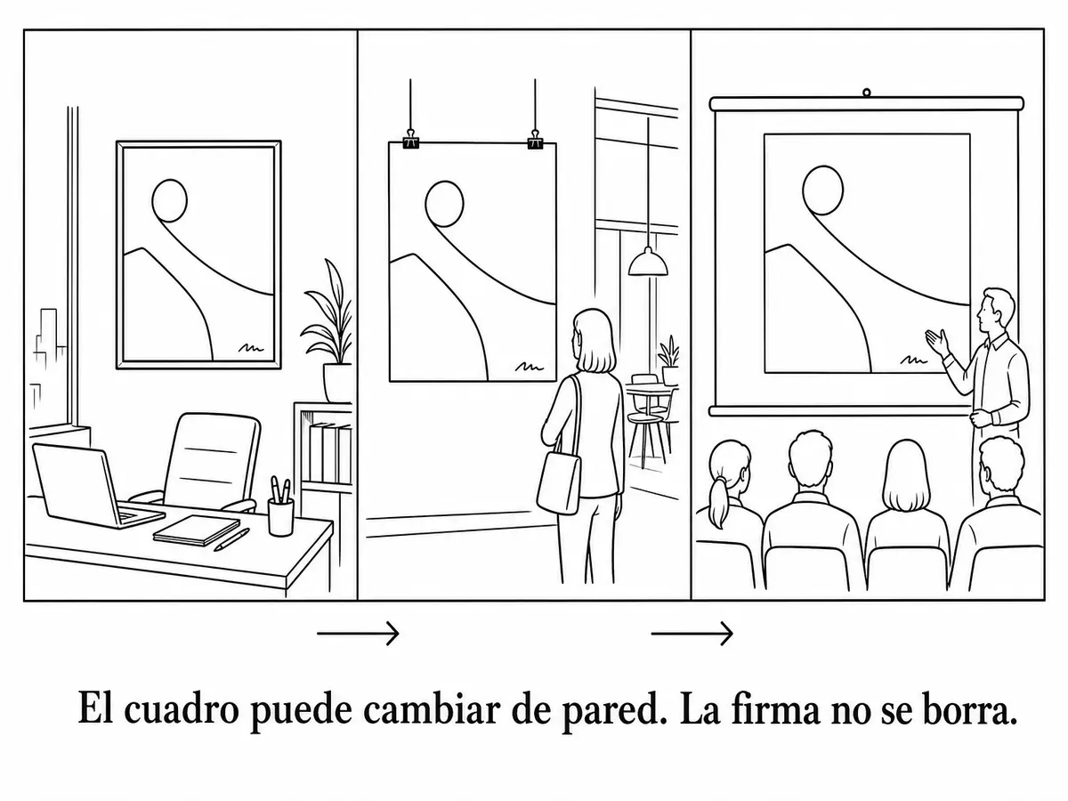 El mismo cuadro firmado aparece en una oficina, reproducido como cartel y proyectado en una presentación sin perder la firma