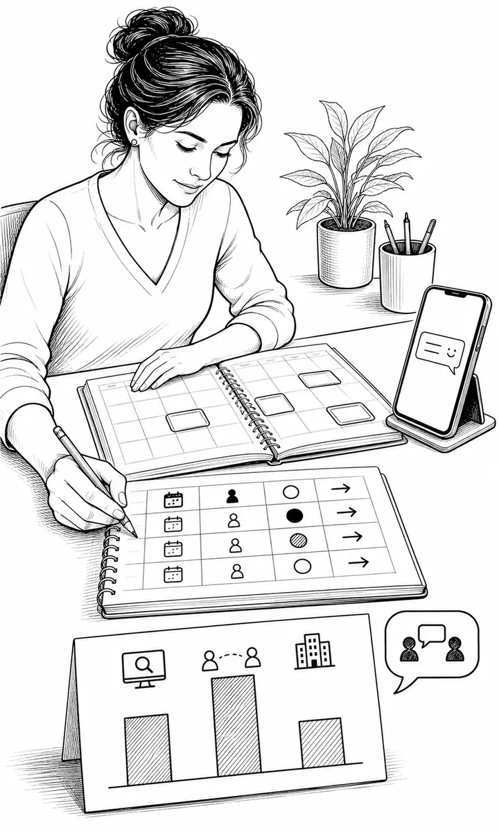 Una profesional organiza en agenda su búsqueda, registra cada contacto y compara qué canales generan conversaciones