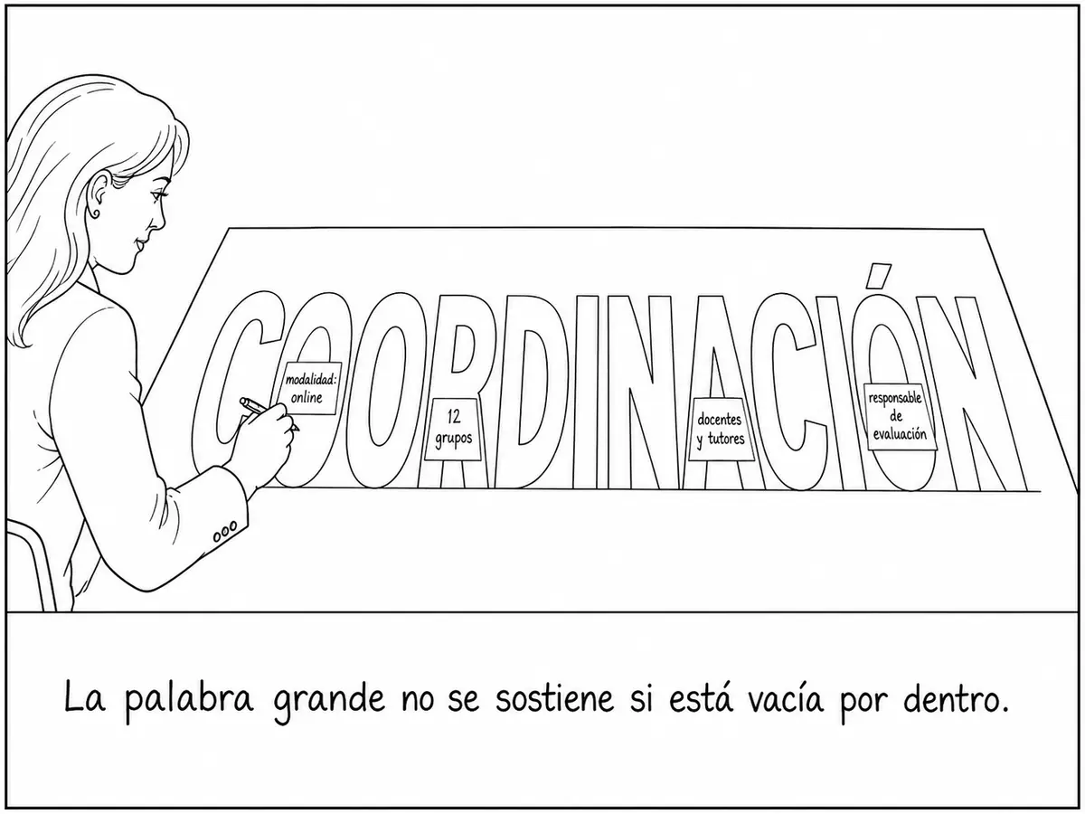 Una profesional rellena la palabra coordinación, dibujada con letras huecas en su currículo, con datos concretos sobre modalidad, grupos, perfiles y evaluación