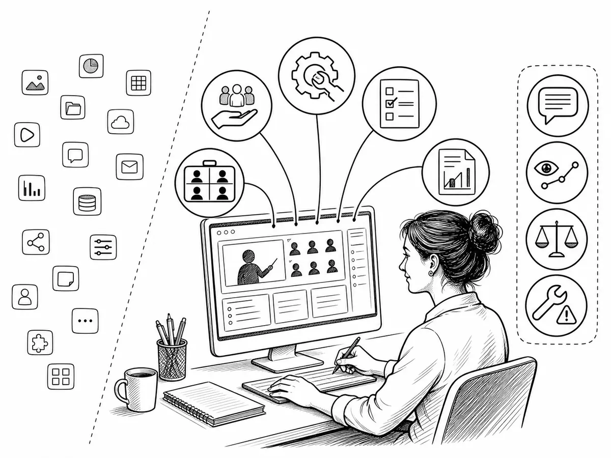 Una docente sustituye una lista de aplicaciones por ejemplos de acciones en el aula virtual y tareas profesionales de teleformación
