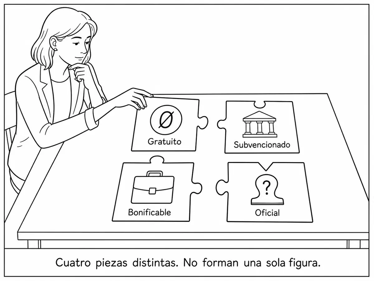 Una mujer intenta unir cuatro piezas de puzle incompatibles, etiquetadas como gratuito, subvencionado, bonificable y oficial