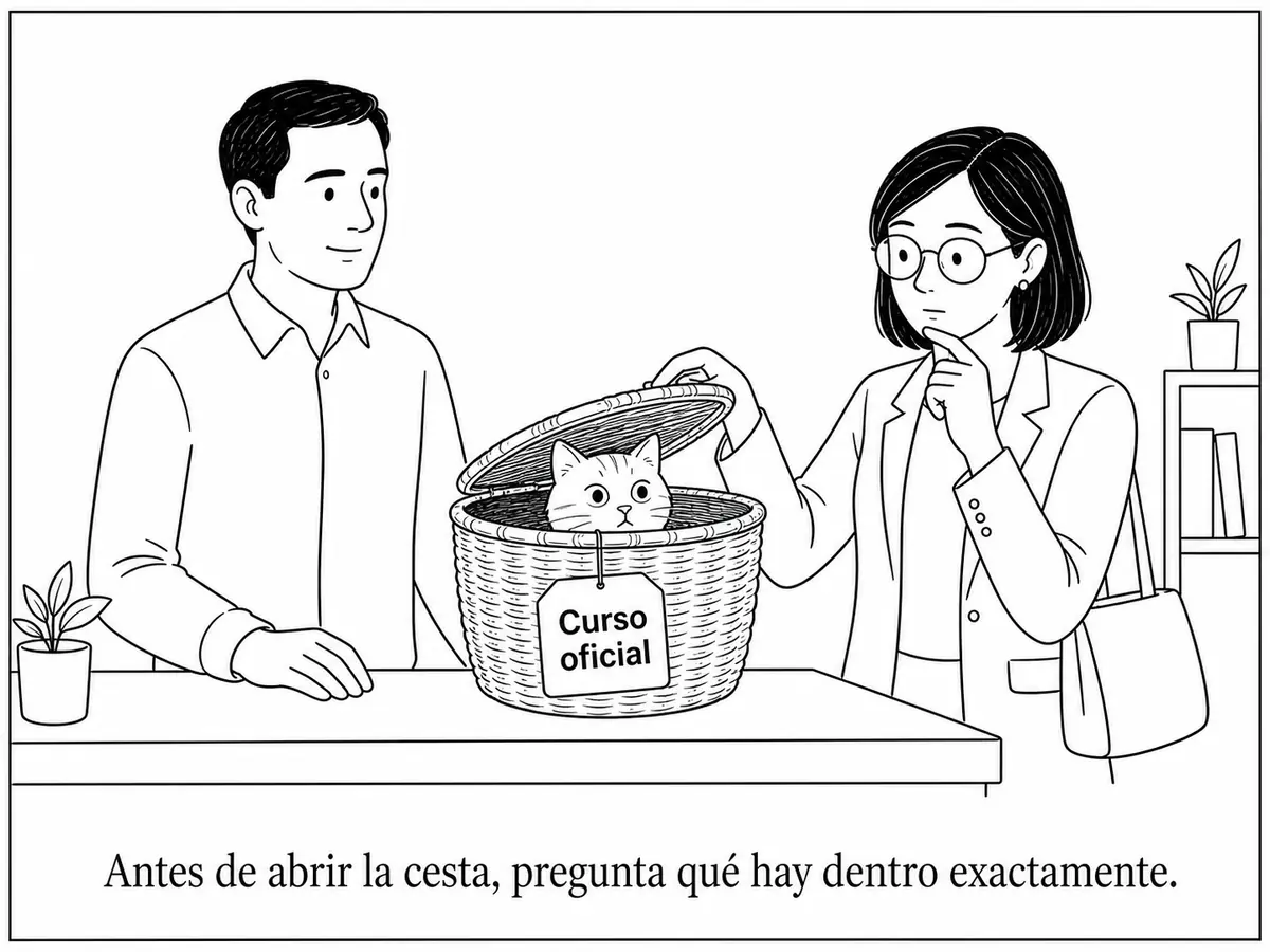 Una mujer abre una cesta etiquetada como curso oficial y descubre dentro un gato sorprendido mientras el vendedor observa