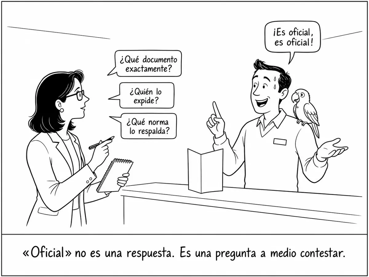 Una mujer pregunta en un mostrador qué documento recibirá, quién lo expedirá y qué norma lo respalda, mientras un vendedor con un loro repite que el curso es oficial