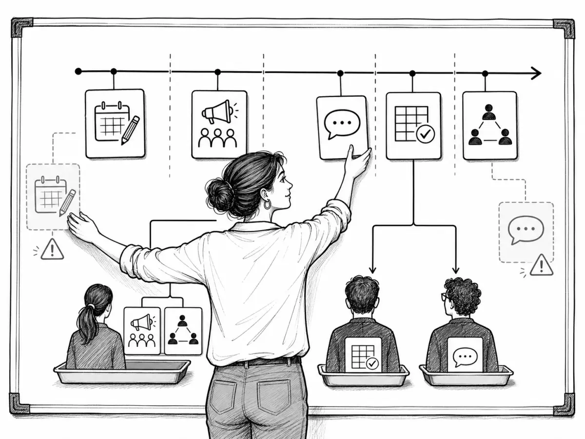 Una coordinadora distribuye preparación, impartición, seguimiento, evaluación y coordinación entre tres personas sin dejar tareas pendientes