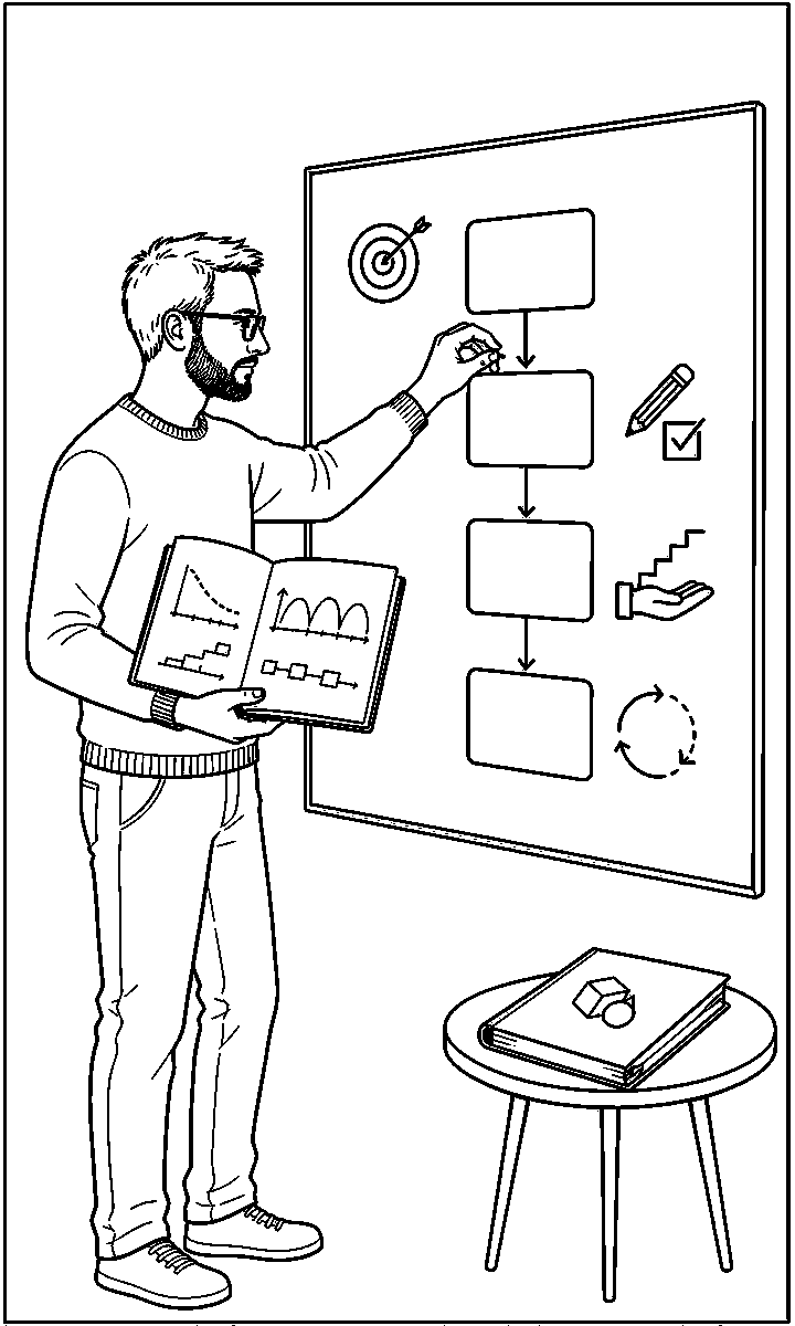 Un diseñador instruccional ajusta una secuencia de aprendizaje junto a símbolos de objetivos, evaluación y apoyo, mientras el contenido permanece en una carpeta aparte