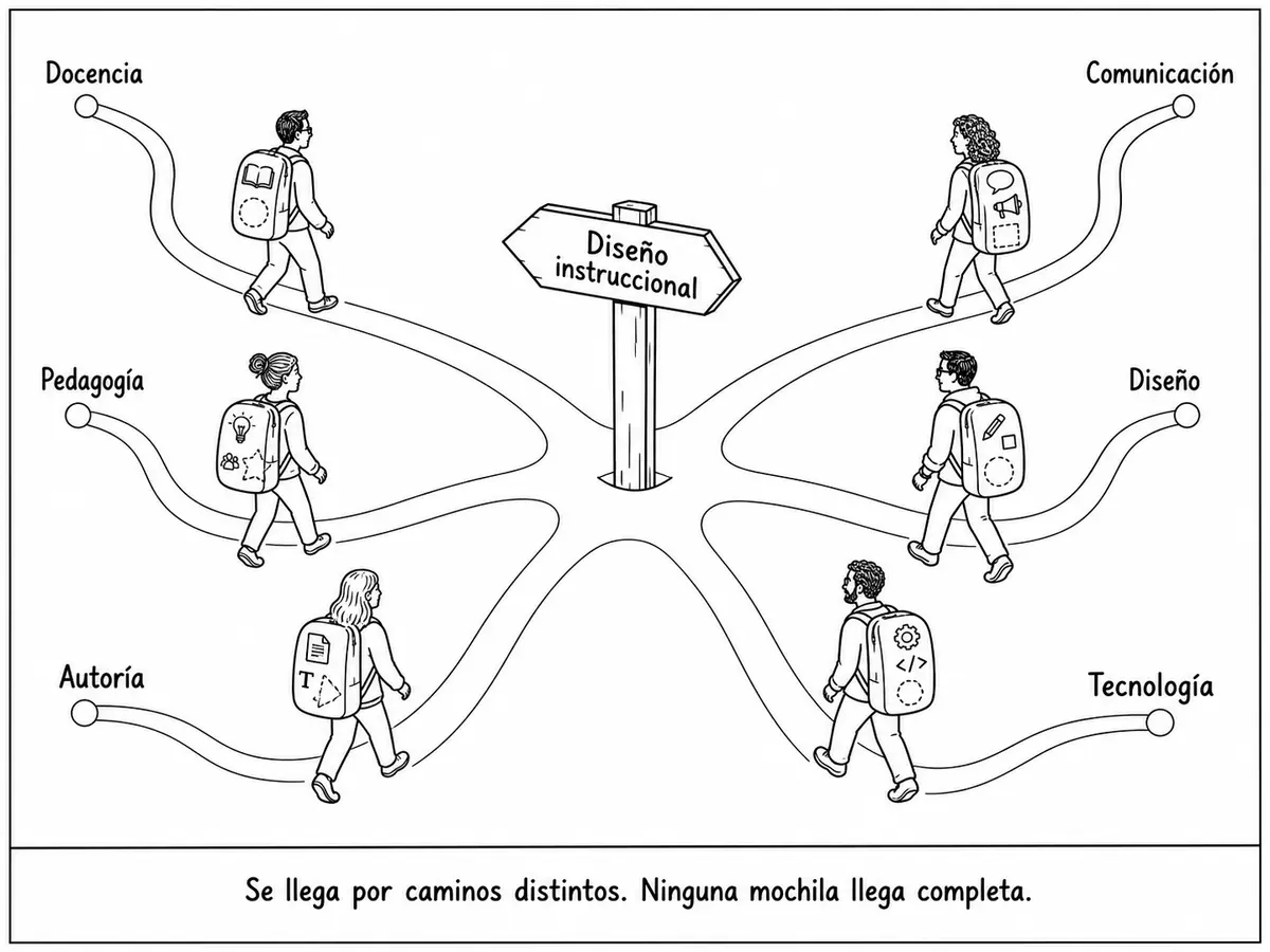 Seis profesionales llegan al diseño instruccional desde docencia, pedagogía, autoría, comunicación, diseño y tecnología con mochilas que combinan herramientas y carencias