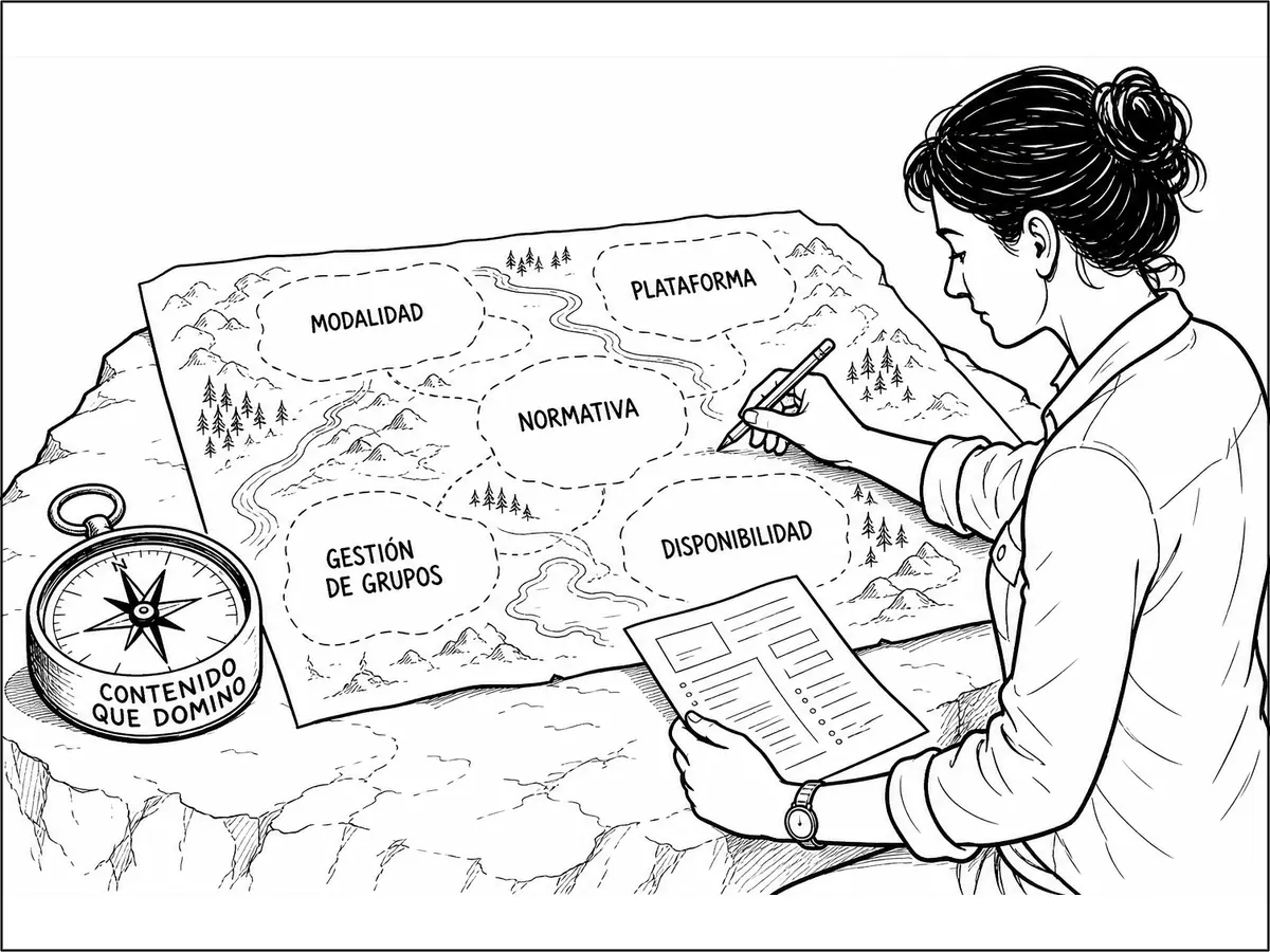 Una candidata consulta una oferta y completa en un mapa las zonas de modalidad, plataforma, normativa, gestión de grupos y disponibilidad junto a la brújula del contenido que domina