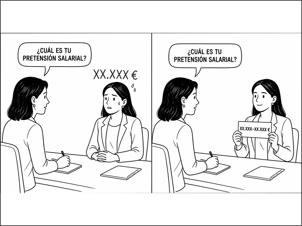 Dos entrevistas comparan una cifra salarial improvisada y temblorosa con una candidata que consulta con calma un rango preparado