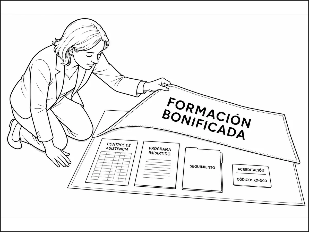 Una profesional levanta la etiqueta formación bonificada de un currículo y descubre debajo controles de asistencia, programa, seguimiento y acreditación