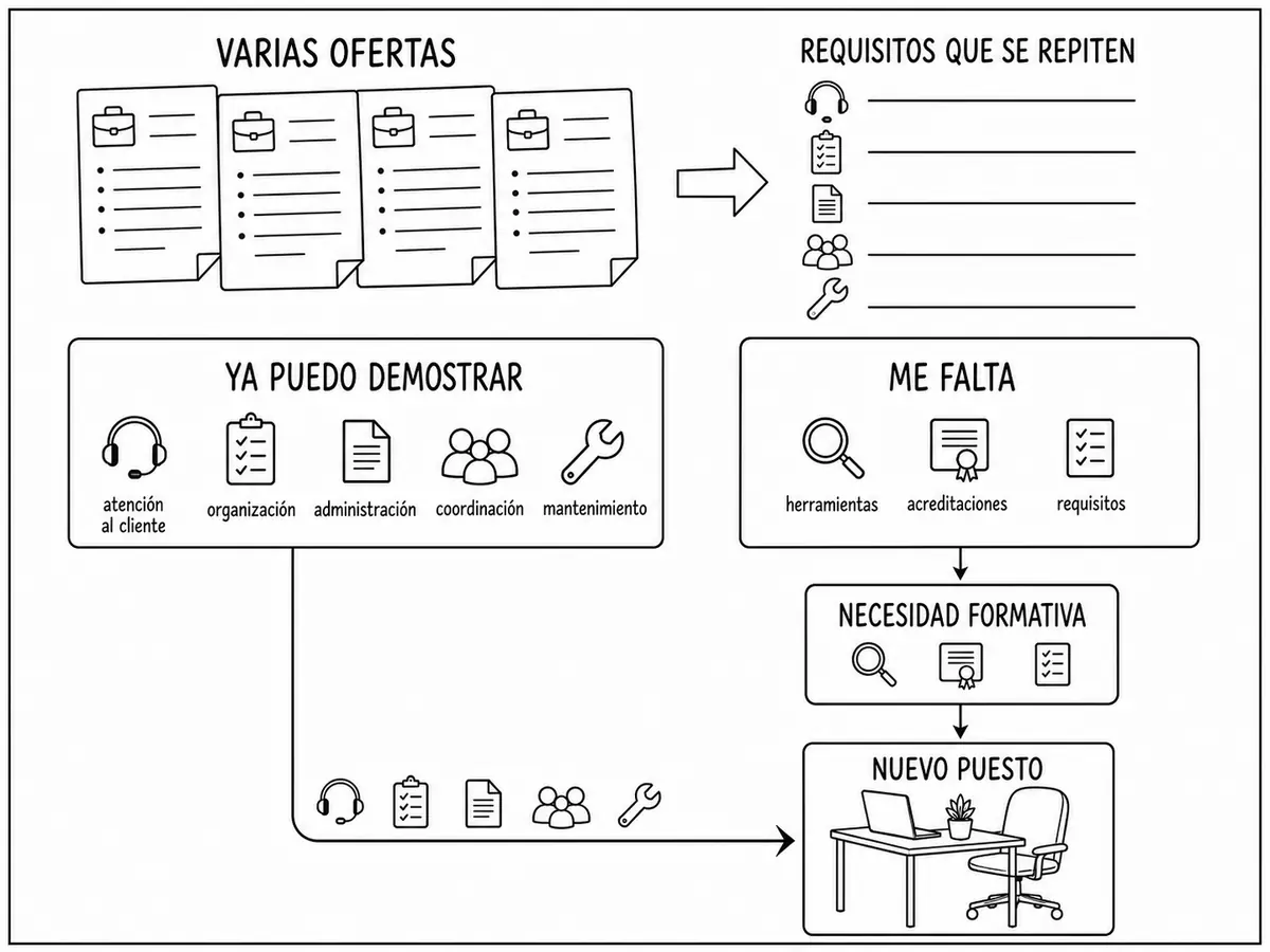 Un diagrama separa los requisitos repetidos de varias ofertas entre competencias que una persona ya puede demostrar y carencias que se convierten en necesidades formativas