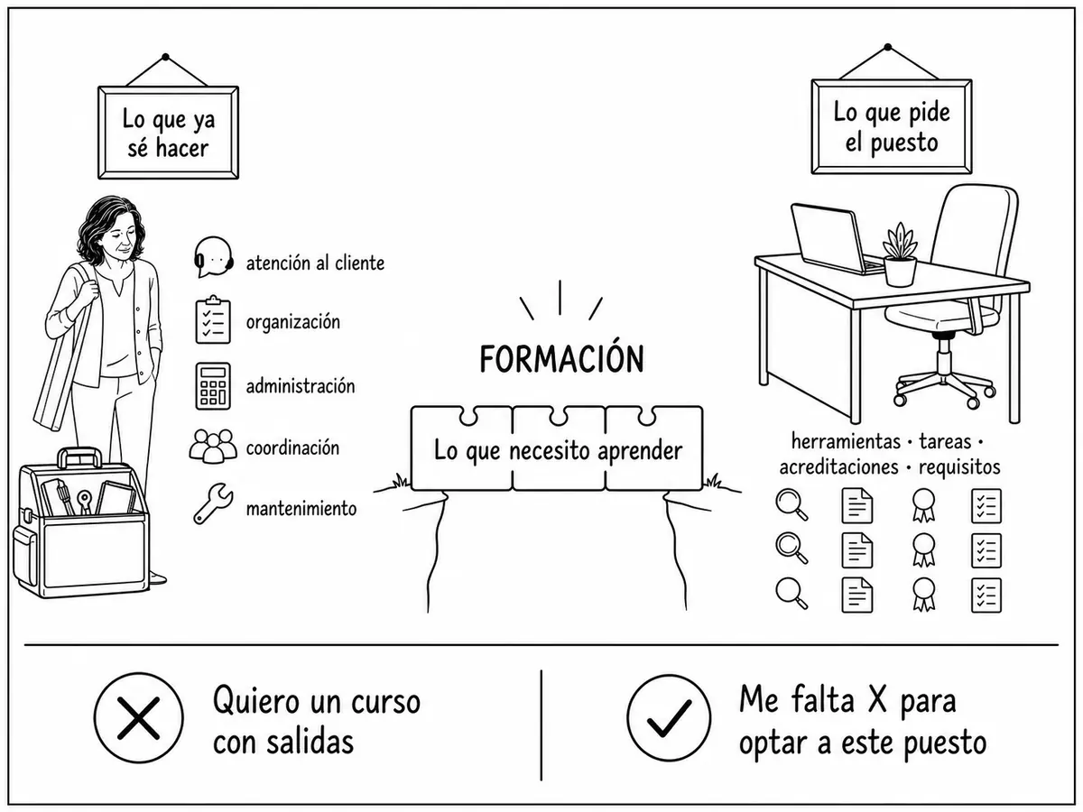 Una infografía muestra cómo la formación cubre la pequeña brecha entre las competencias que una profesional ya domina y los requisitos de su puesto objetivo