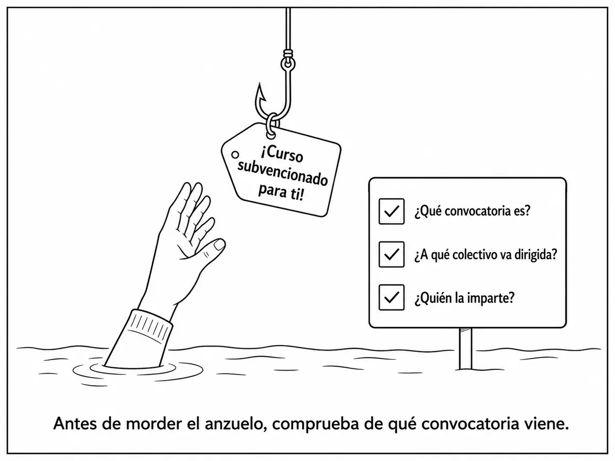 Una mano se detiene ante un anzuelo con el reclamo curso subvencionado para ti y consulta tres preguntas sobre la convocatoria, el colectivo destinatario y la entidad formadora