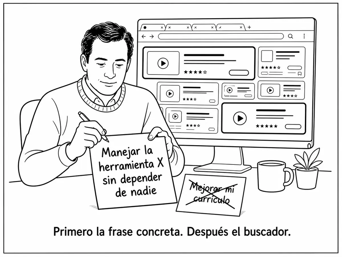 Un trabajador escribe que quiere manejar una herramienta sin depender de nadie antes de usar un buscador de cursos, mientras descarta la frase mejorar mi currículo
