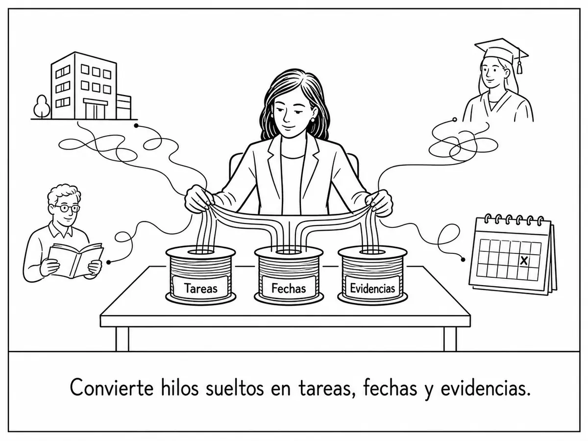 Una gestora ordena en carretes de tareas, fechas y evidencias los hilos de información que llegan de una empresa, participantes, docentes y una acción formativa
