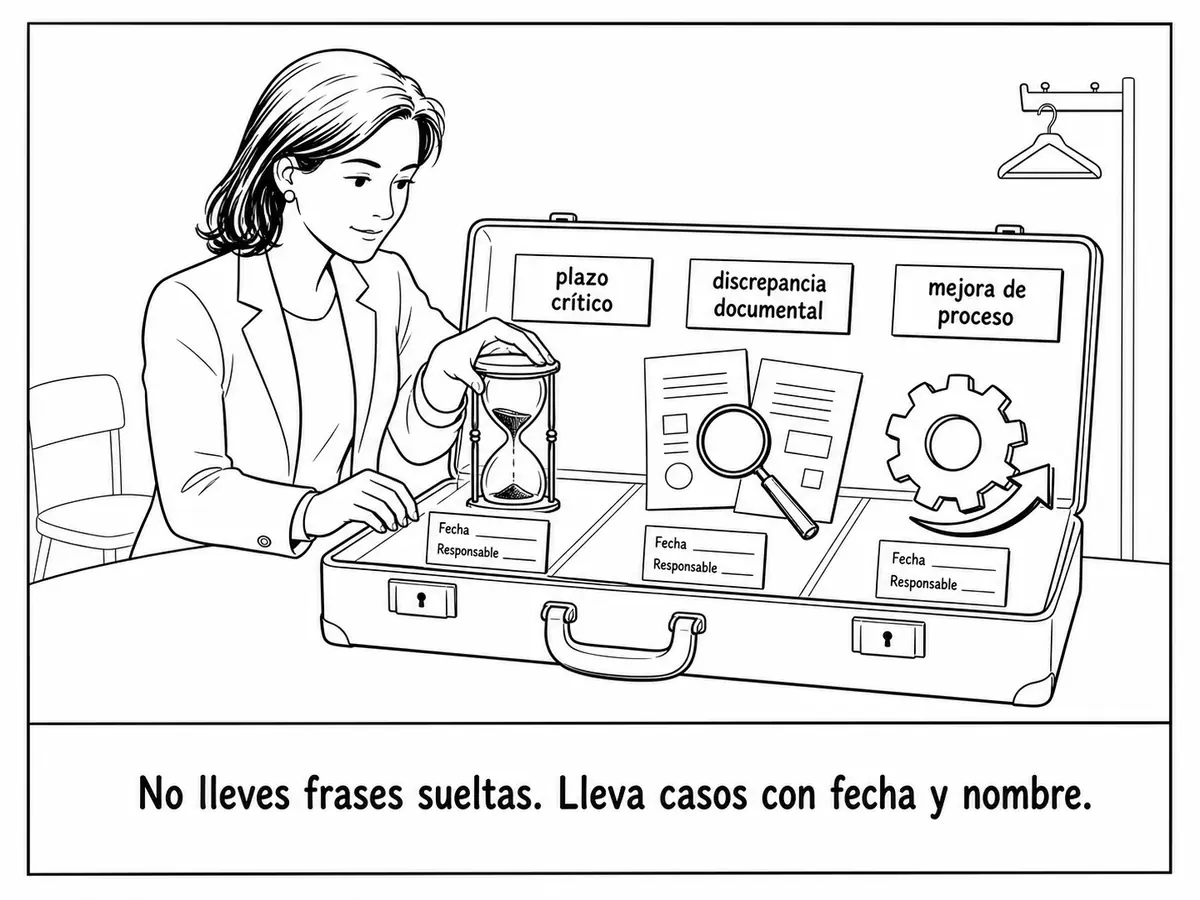 Una gestora prepara para una entrevista tres casos con fecha y responsable: un plazo crítico, una discrepancia documental y una mejora de proceso