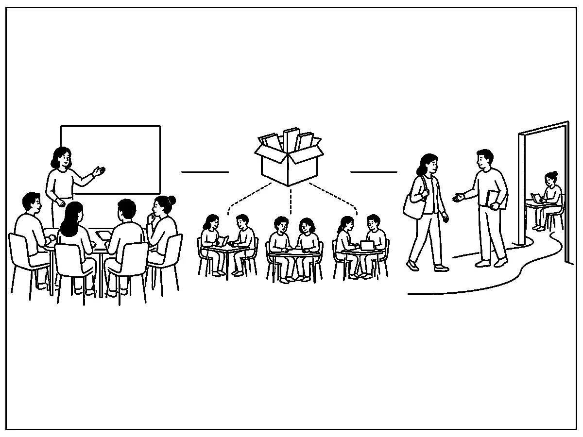 Tres escenas separan formación organizada por una empresa, formación distribuida entre grupos y un itinerario para una persona desempleada
