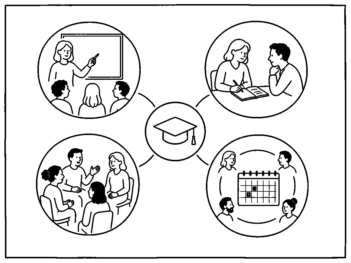 Cuatro escenas distinguen impartición, tutoría, dinamización y coordinación alrededor de una acción formativa