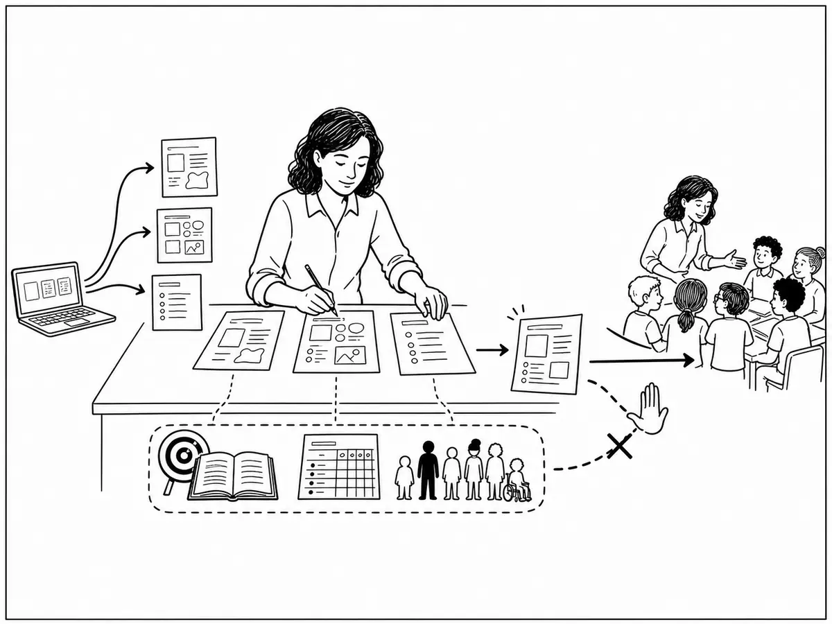 Una docente revisa varias propuestas digitales con objetivos, evaluación y necesidades del grupo antes de elegir y adaptar una