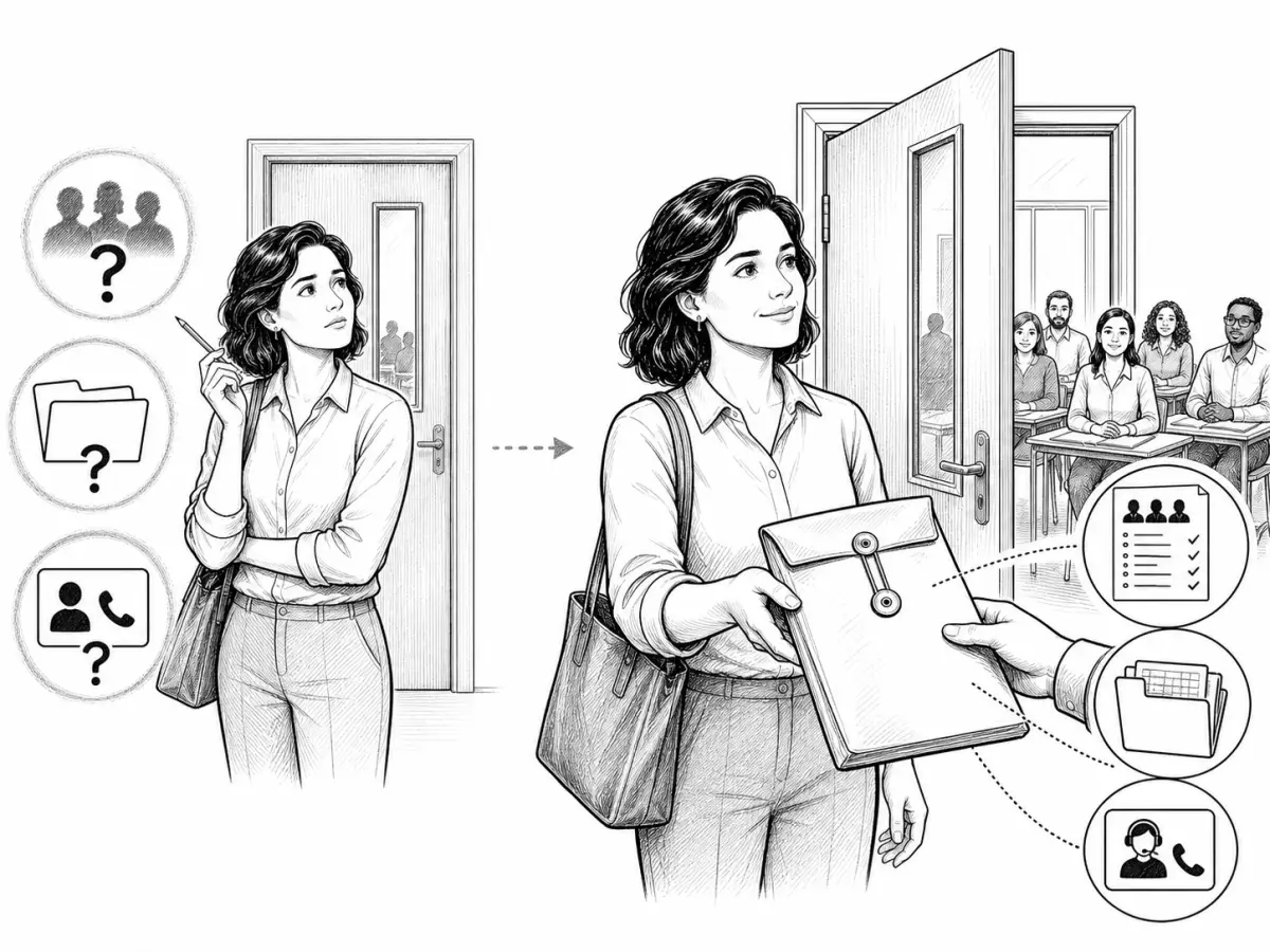 Una docente recibe el perfil del grupo, los materiales y el contacto de soporte antes de entrar en el aula