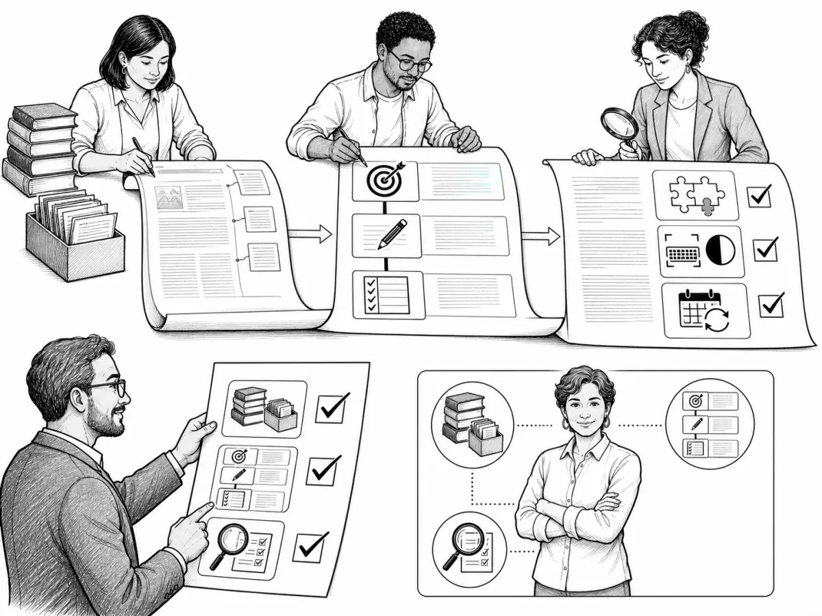 Un material pasa por autoría, diseño instruccional y control de calidad antes de que una empresa revise las tres funciones