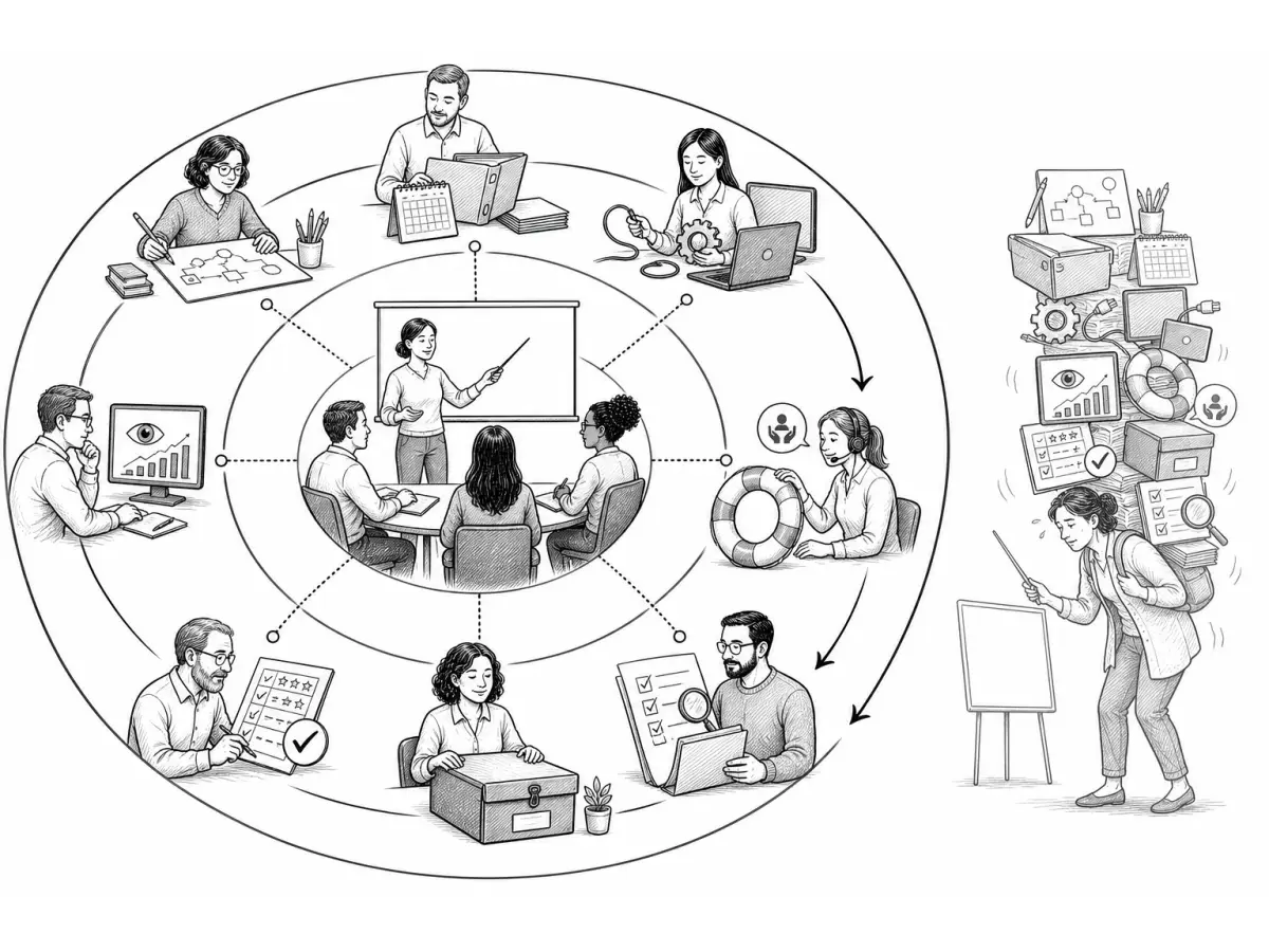 Un aula está rodeada por funciones de diseño, organización, tecnología, seguimiento, soporte, evaluación, cierre y justificación