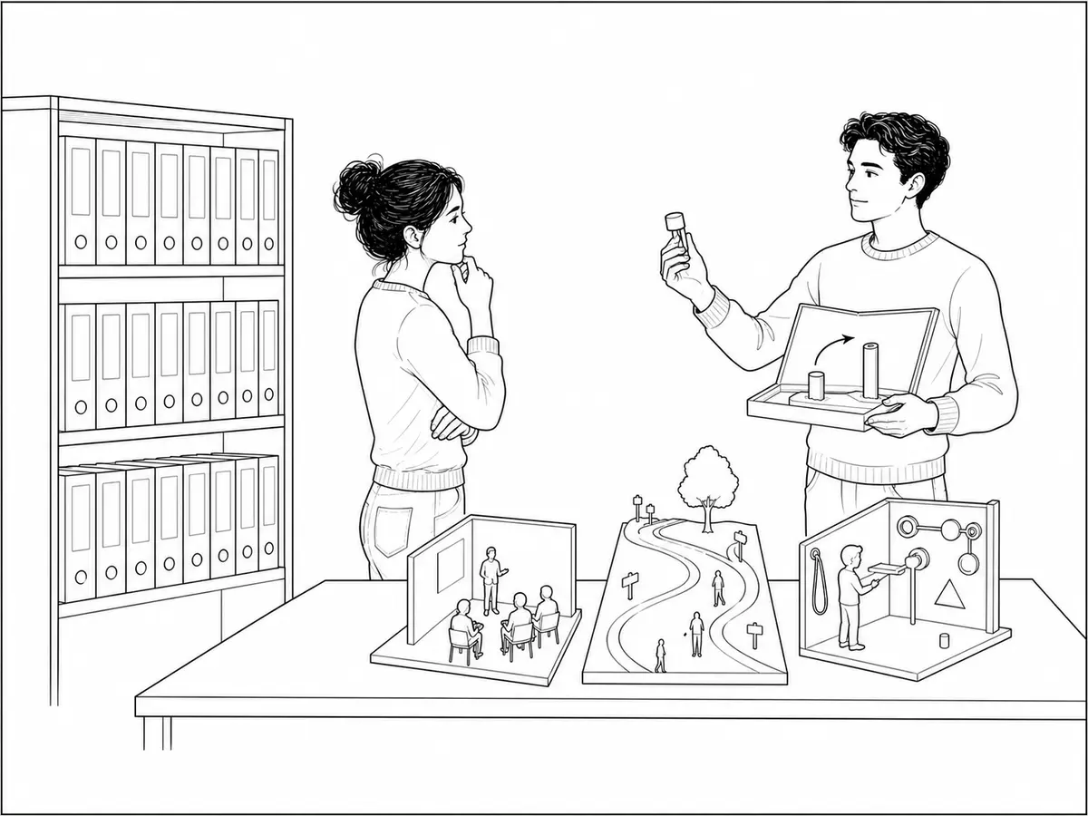 Una evaluadora compara proyectos repetidos con tres casos adaptados y escucha cómo el candidato corrigió una pieza de otro que no funcionó como esperaba