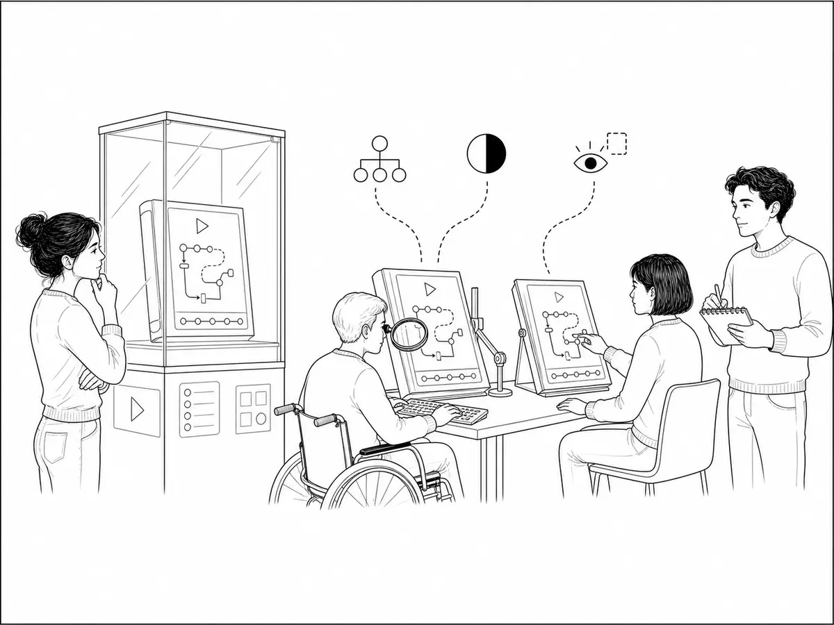Dos personas prueban con teclado, ampliación y sin conocimiento previo un curso que antes se mostraba dentro de una vitrina