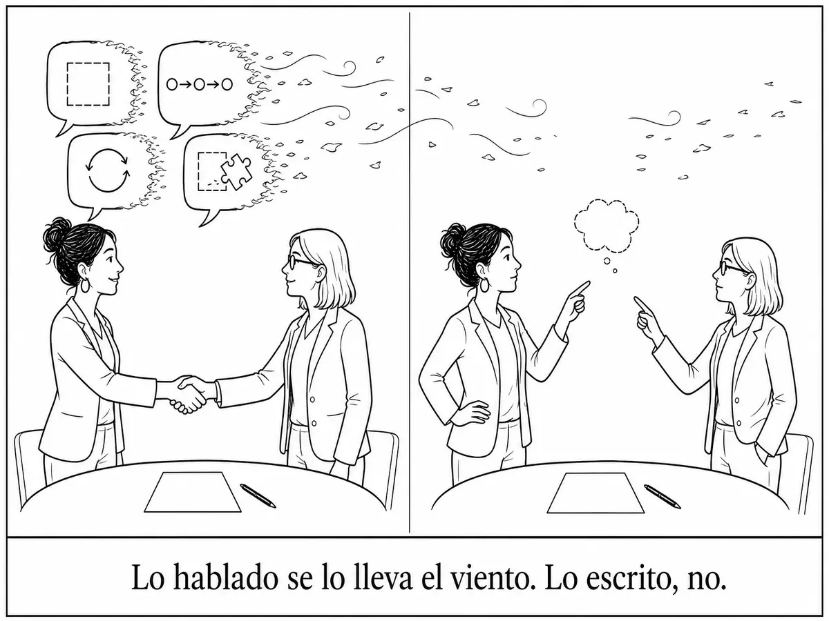 Dos profesionales acuerdan de palabra mientras alcance, fases, revisiones y cambios se dispersan; después no pueden consultarlos