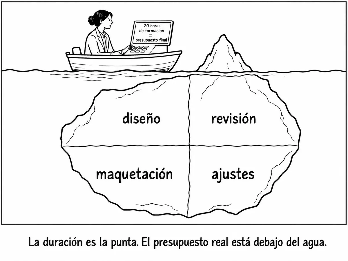 Una profesional calcula el presupuesto desde veinte horas visibles mientras un iceberg revela diseño, revisión, maquetación y ajustes bajo el agua