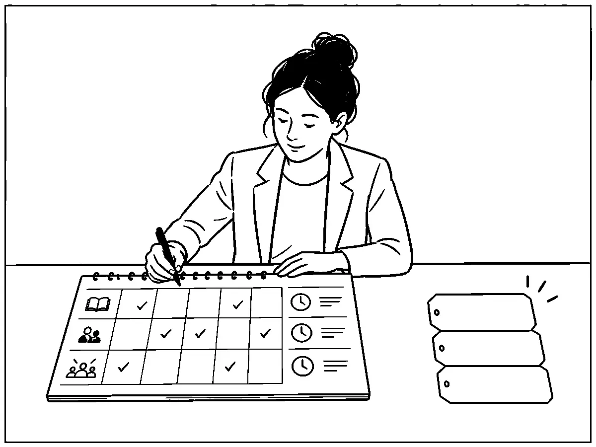 Una profesional reúne en un calendario las tareas de varios papeles y aparta una pila de títulos genéricos