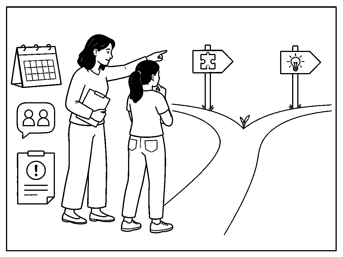 Una tutora señala pistas en una actividad mientras la participante realiza por sí misma el siguiente paso