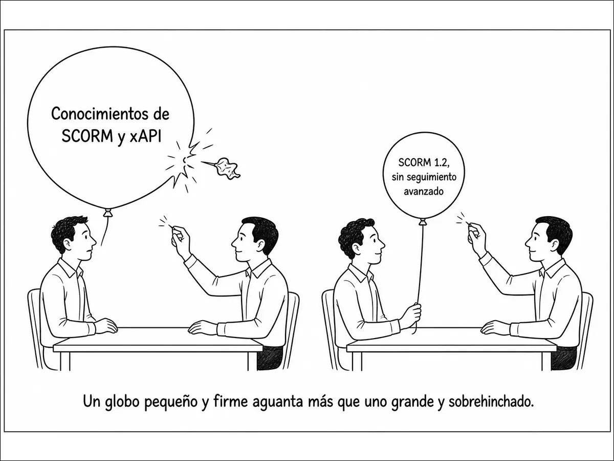 Dos entrevistas comparan un gran globo sobre conocimientos de SCORM y xAPI que se pincha con otro pequeño y firme que declara una experiencia limitada
