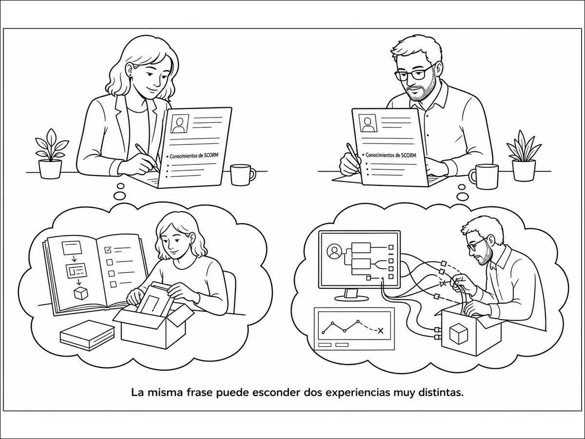 Dos profesionales escriben conocimientos de SCORM en sus currículos; una sigue un manual para empaquetar un curso y otra depura el seguimiento entre un LMS y un paquete