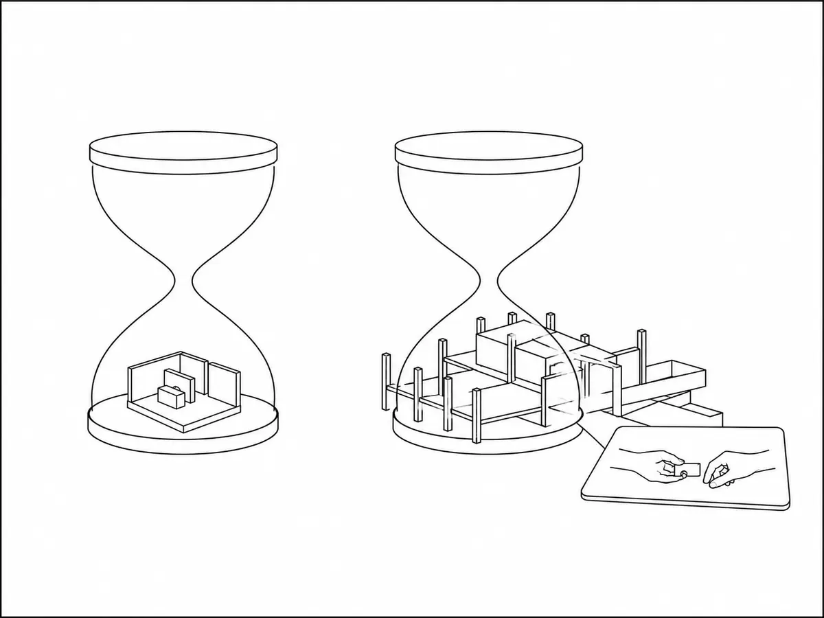 Un ejercicio pequeño cabe dentro de un reloj de arena mientras un proyecto extenso lo desborda y pasa a un espacio compensado