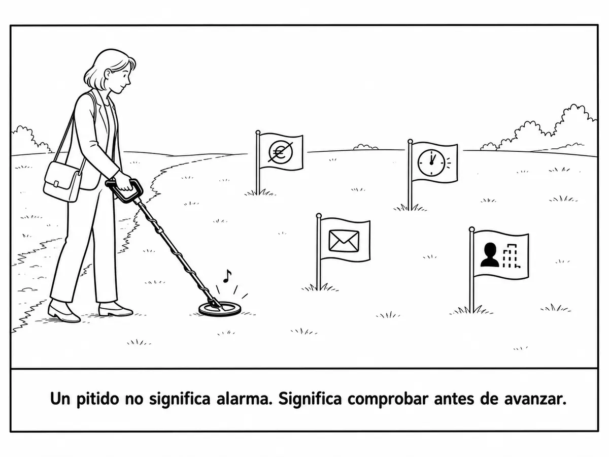 Una profesional examina con un detector cuatro banderines sobre salario, urgencia, contacto y empresa antes de avanzar hacia una oferta