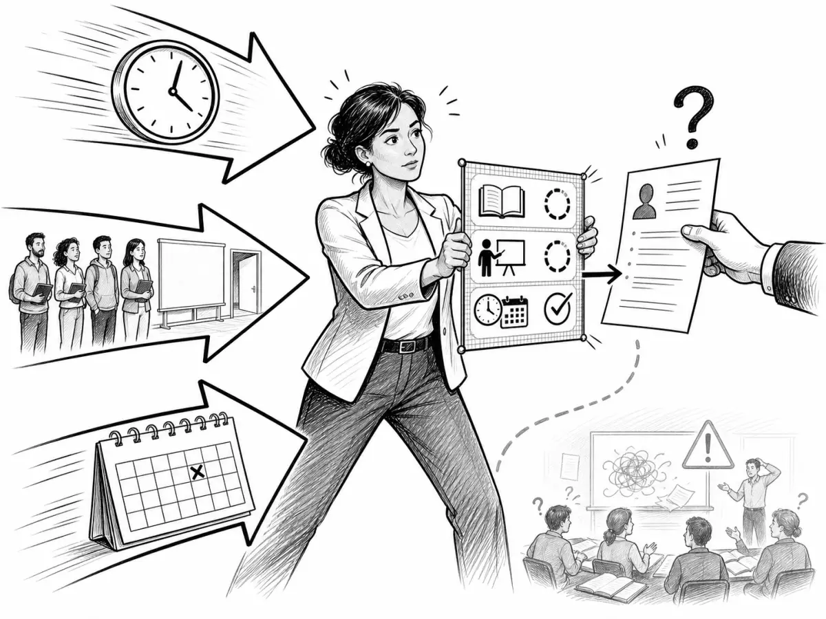 Una responsable contiene la presión del reloj, el grupo y el calendario mientras comprueba materia, competencia docente y disponibilidad de un sustituto