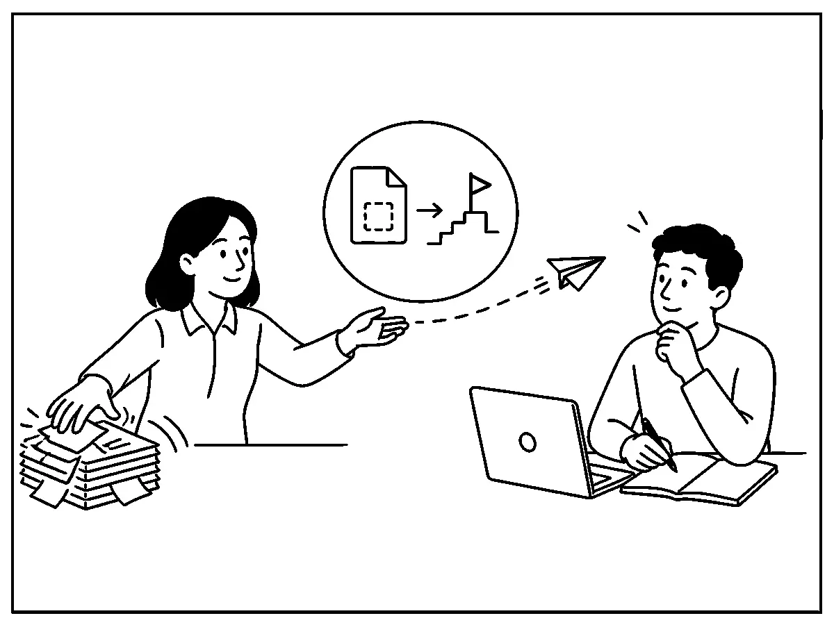 Una tutora orienta con un mensaje el siguiente paso de un participante y deja aparte los avisos repetitivos