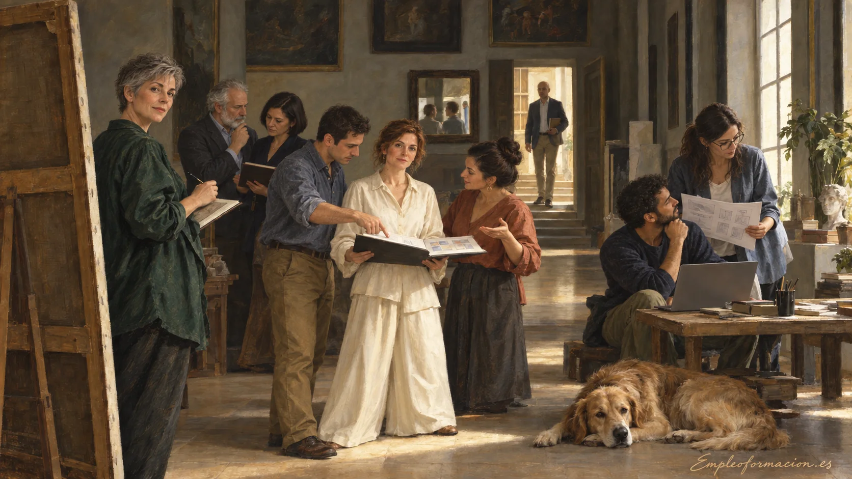 Reinterpretación de Las meninas con profesionales de la formación revisando materiales y diseñando contenidos en un estudio. Firma: Empleoformacion.es.