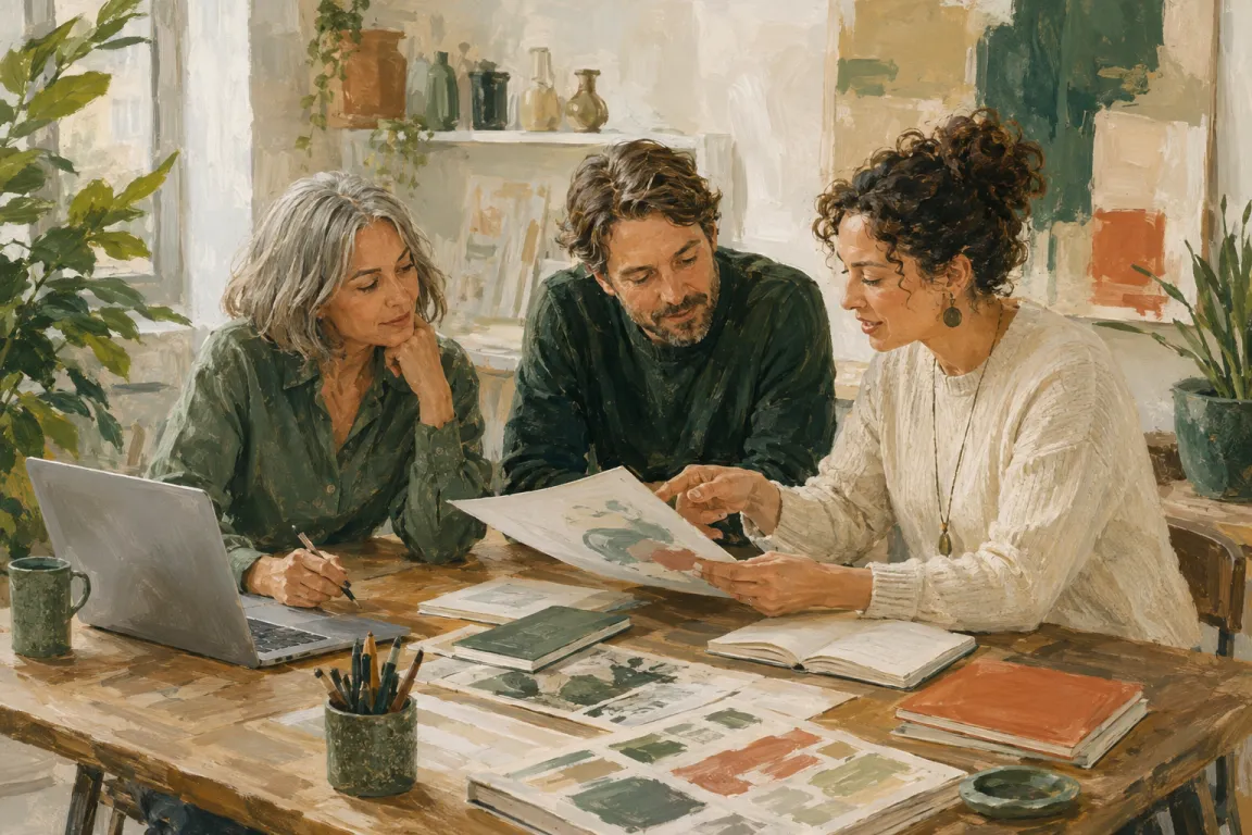 Ilustración de tres profesionales preparando una formación con un portátil y materiales sobre la mesa.